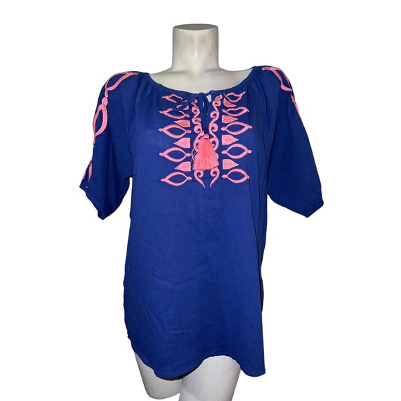Talbots Tops - New Talbots Top Womens Size L Blue Pink Embroidered Cotton Tassel Peasant Blouse
